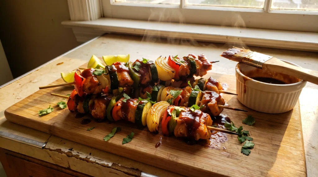 Barbecue kabab skewers on board