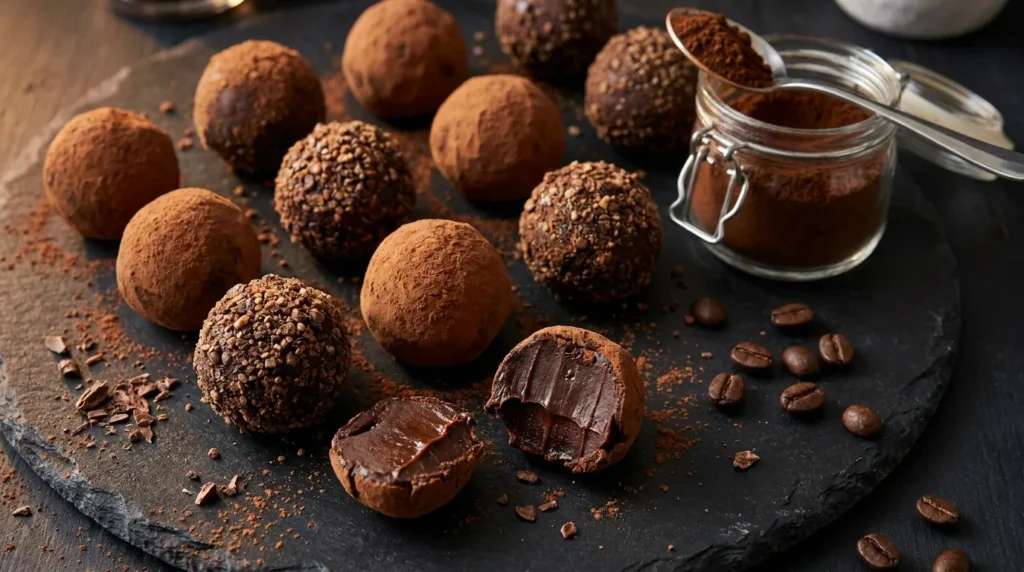 Coffee truffles on dark slate