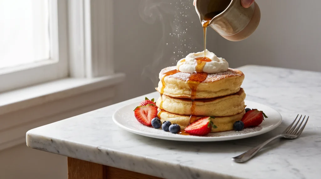 Pouring syrup onto fluffy pancakes 202608170350 (1)