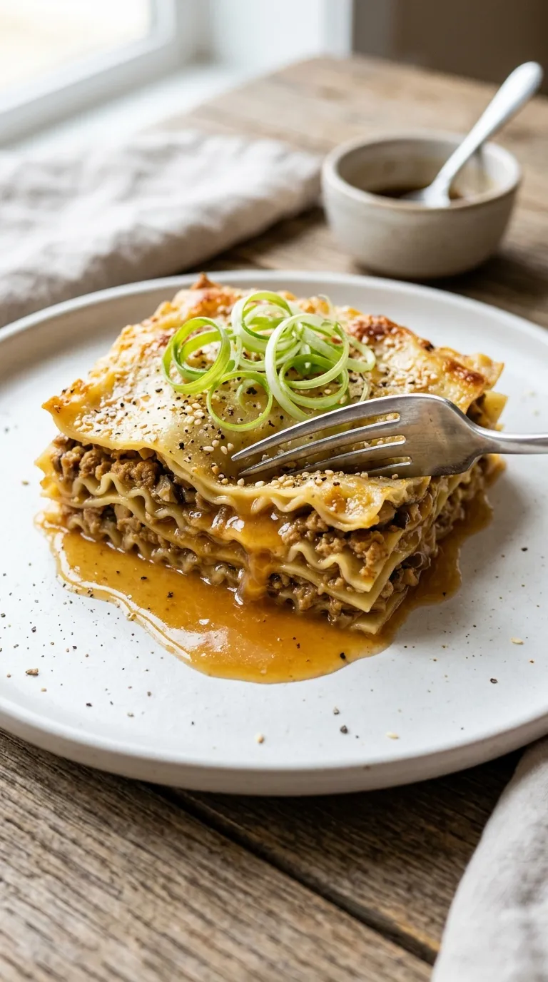 Fork cutting vegan soup lasagna
