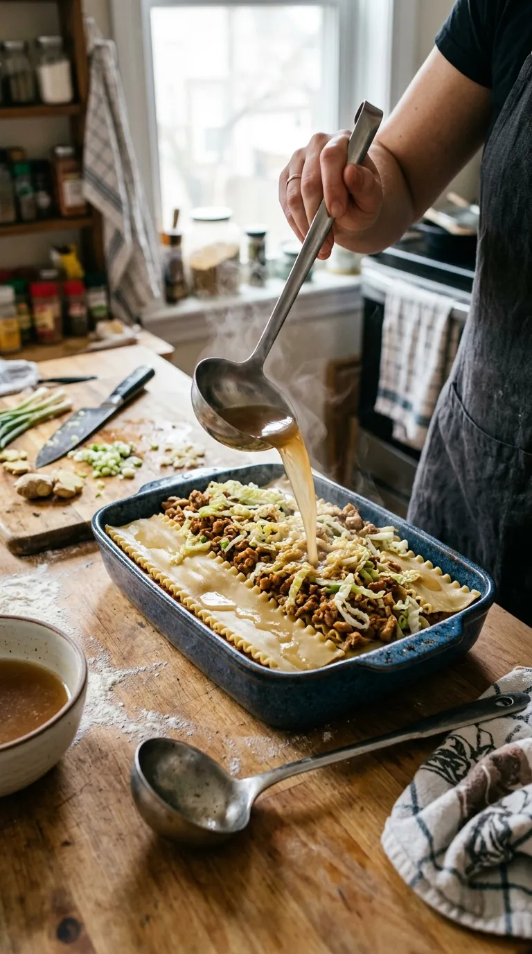 Pouring broth into lasagna assembly